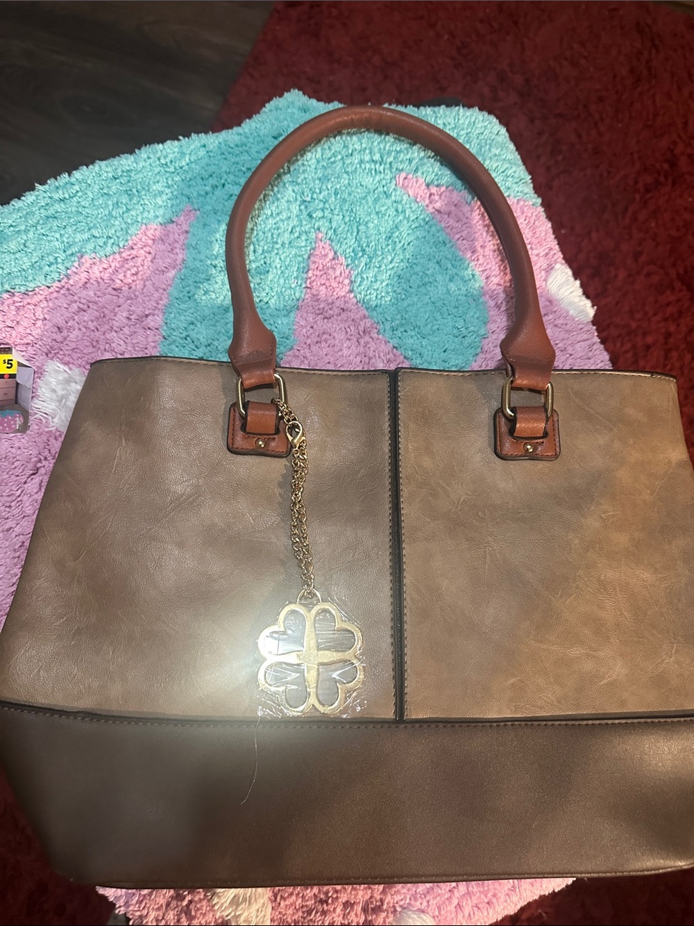 Brown Two-Tone Women's Tote Bag with Gold Charm